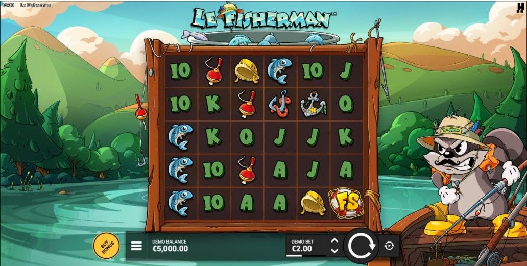 Le Fisherman slot by Hacksaw Gaming showing the 6x5 cluster pays grid - Flush