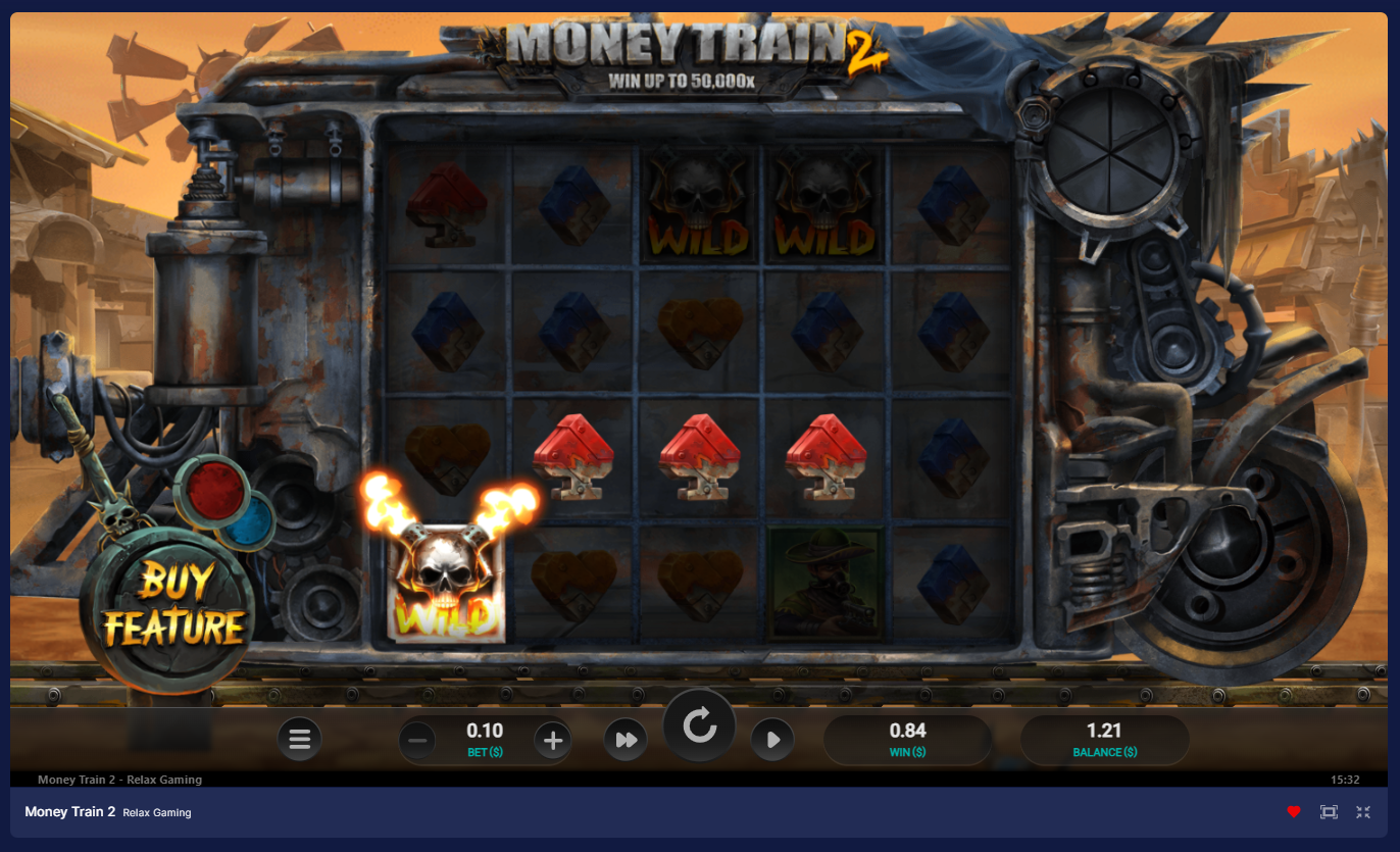 Relax GamingのMoney Train 2スロットゲーム。機関車上のリールで、ワイルドのドクロと3枚のスペードが勝利の組み合わせを作る - Flush