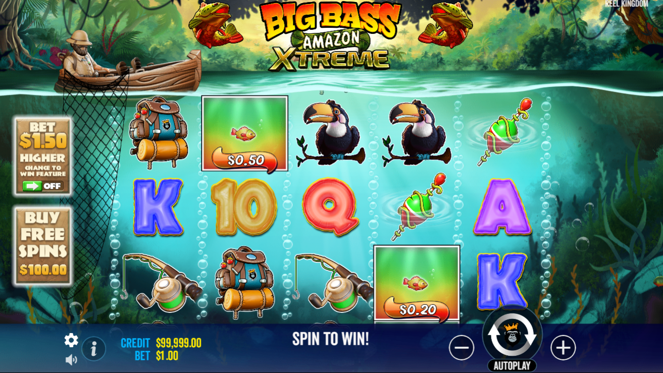 Big Bass Amazon Xtremeスロット（Pragmatic Play）のリールにシンボルが並ぶベースゲーム - Flush