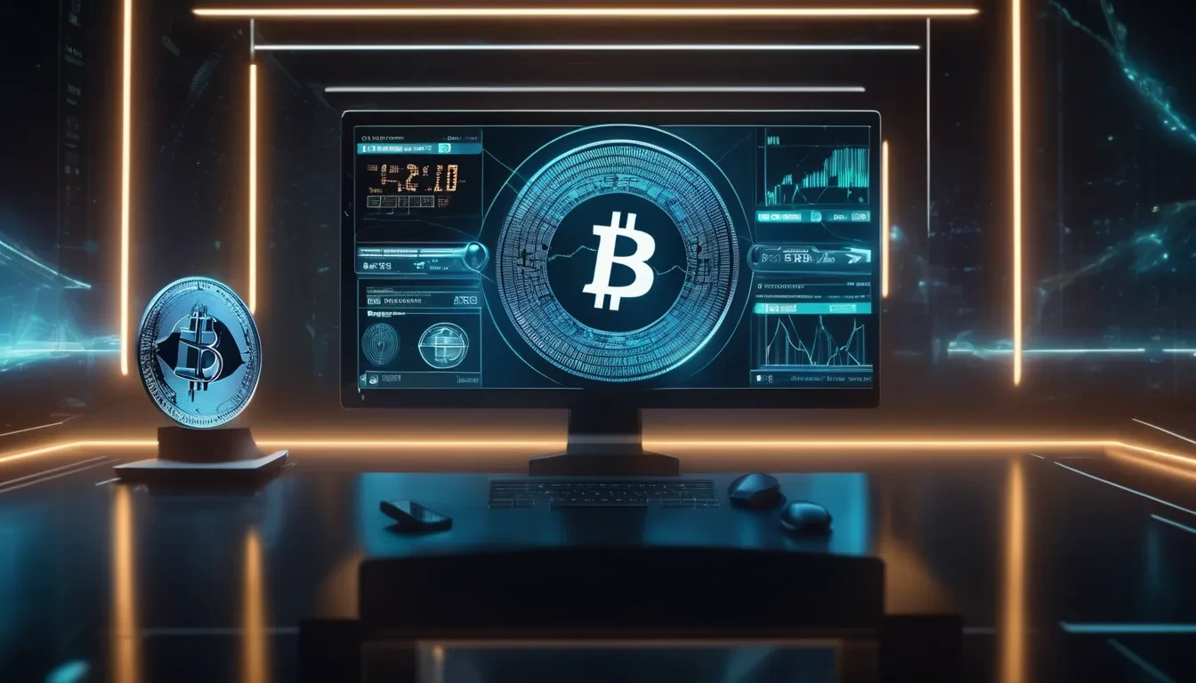 Futuristic desktop featuring a Bitcoin coin statue and a screen displaying the Bitcoin logo, complex charts and stats - Flush