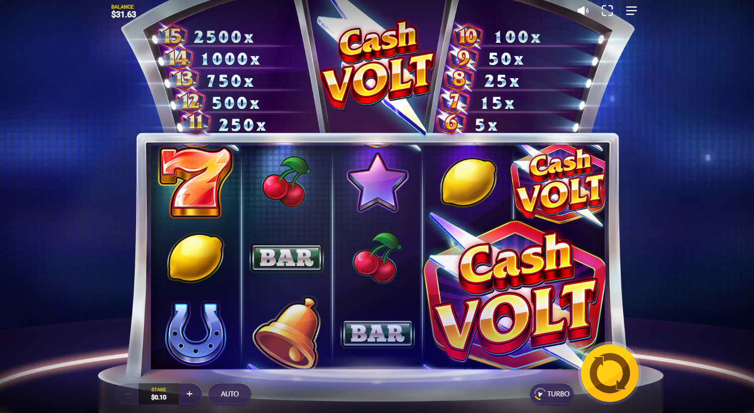 저배당 및 고배당 심볼이 있는 릴을 보여 주는 Cash Volt 슬롯 기본 게임, Red Tiger, Flush