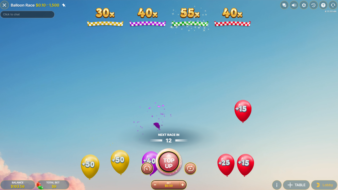 Evolution의 Balloon Race Live 카지노 게임쇼, 풍선이 올라가며 배수를 높이는 탑업 단계, Flush