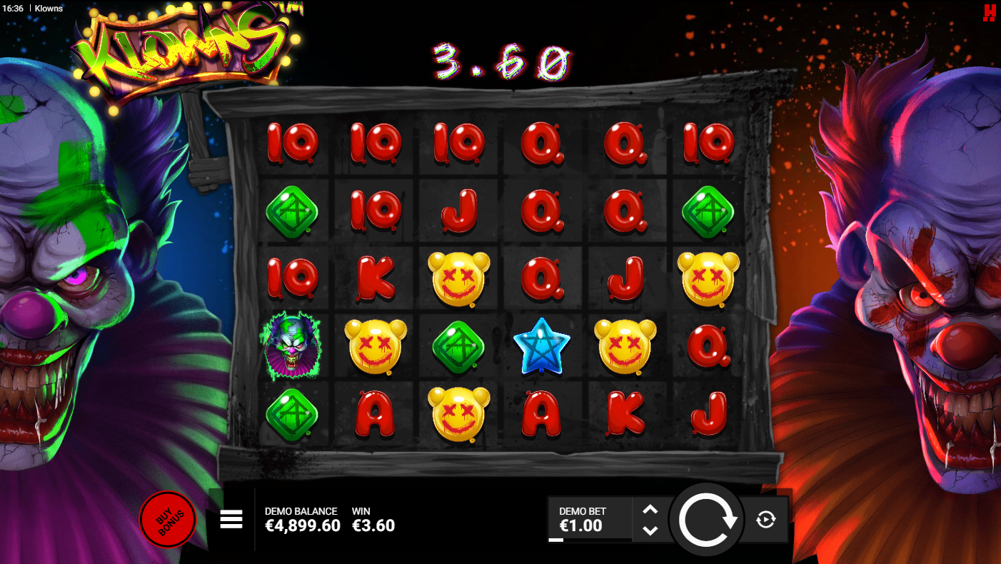 Hacksaw GamingのKlownsスロットのベースゲームのリールとさまざまなシンボル – Flush