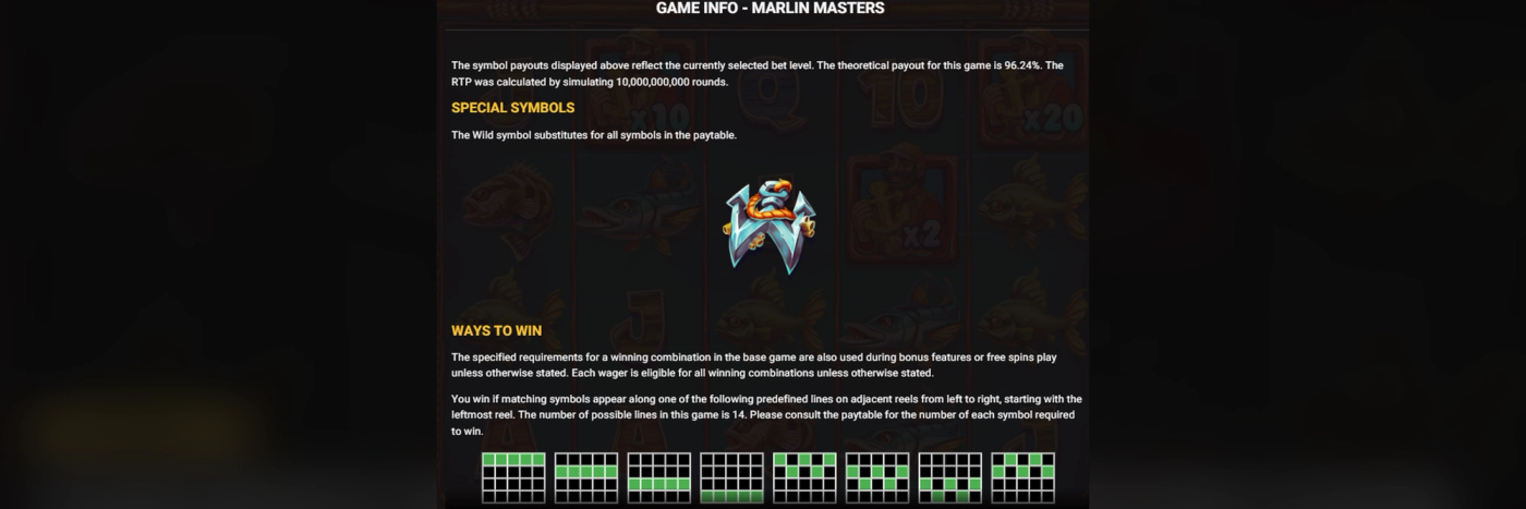 Marlin Masters OG Game Info panel screenshot confirming the 96.24% theoretical RTP, simulated across 10,000,000,000 rounds, alongside the Wild symbol and the 14-line ways-to-win diagram