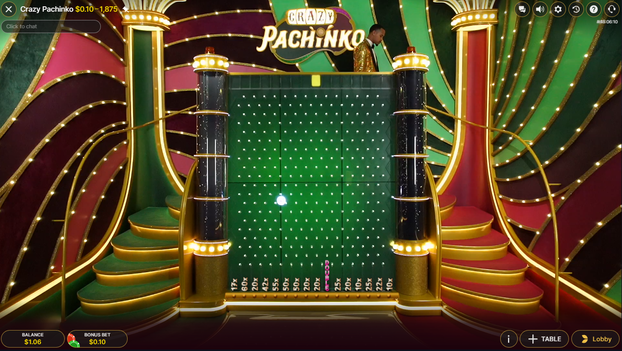 Crazy Pachinkoのボーナスラウンドフェーズ、パチンコ盤面を落ちていくパック - Flushライブカジノ