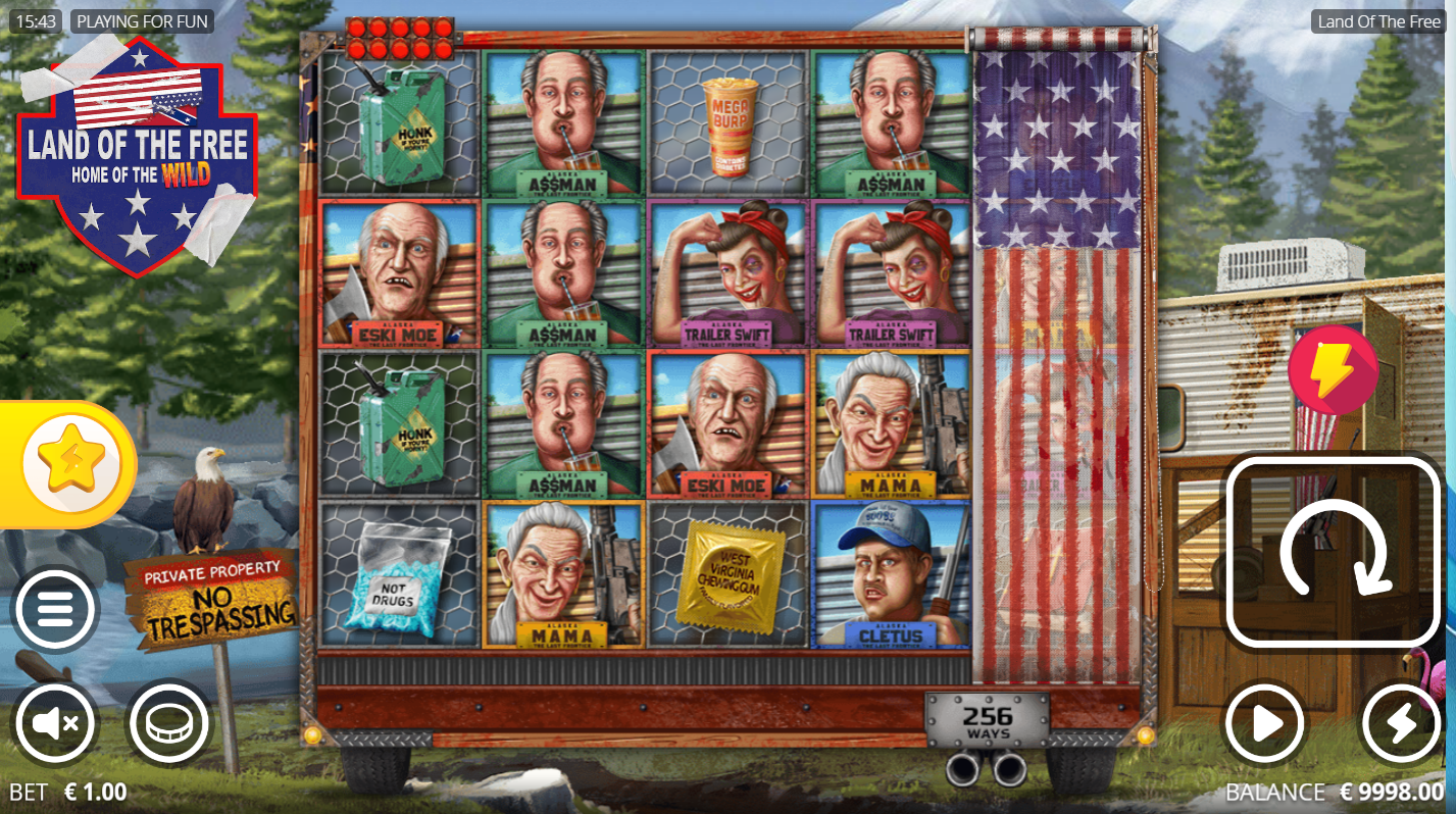 Land of the Freeスロットのベースゲーム、リール上の高配当・低配当シンボル、Nolimit City、Flush