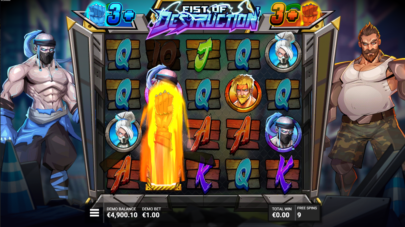 Hacksaw GamingのFists of Destructionのフリースピンとフィスト拡張ワイルドを含むThrowdown Bonus機能 - Flush
