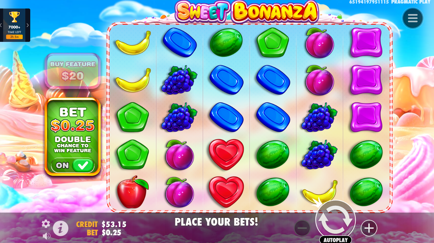 Pragmatic PlayのSweet Bonanzaスロットのベースゲーム、アンティベットがオンでリールにシンボルが並んだ状態 - Flush