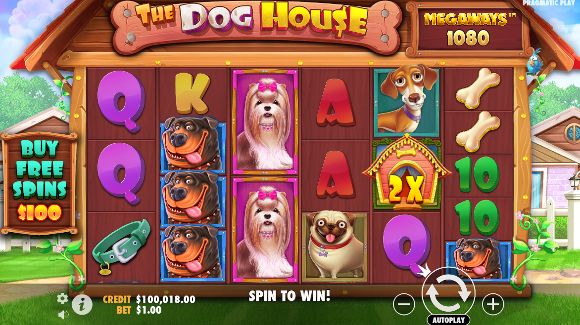 Pragmatic PlayのDog House Megawaysスロット、シンボルが並ぶメインゲームのリール - Flush