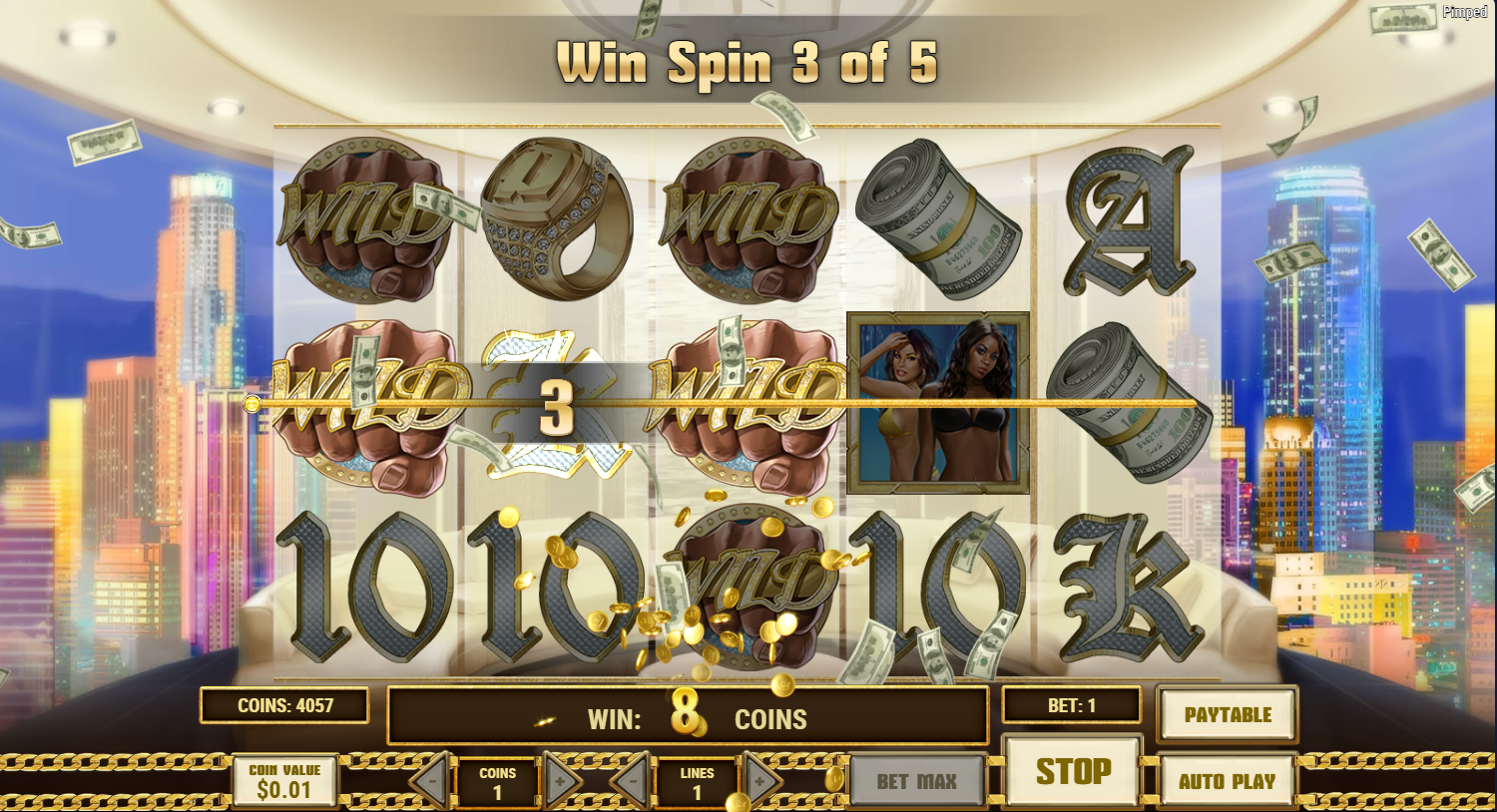 Pimped 슬롯 Win Spins 기능 중 나타난 여러 개의 와일드 심볼 - Flush