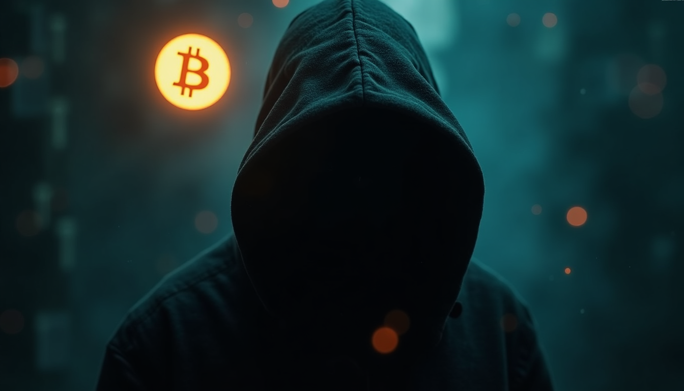 Faceless hooded figure representing Satoshi Nakamoto with the Bitcoin logo in the background - Flush.
