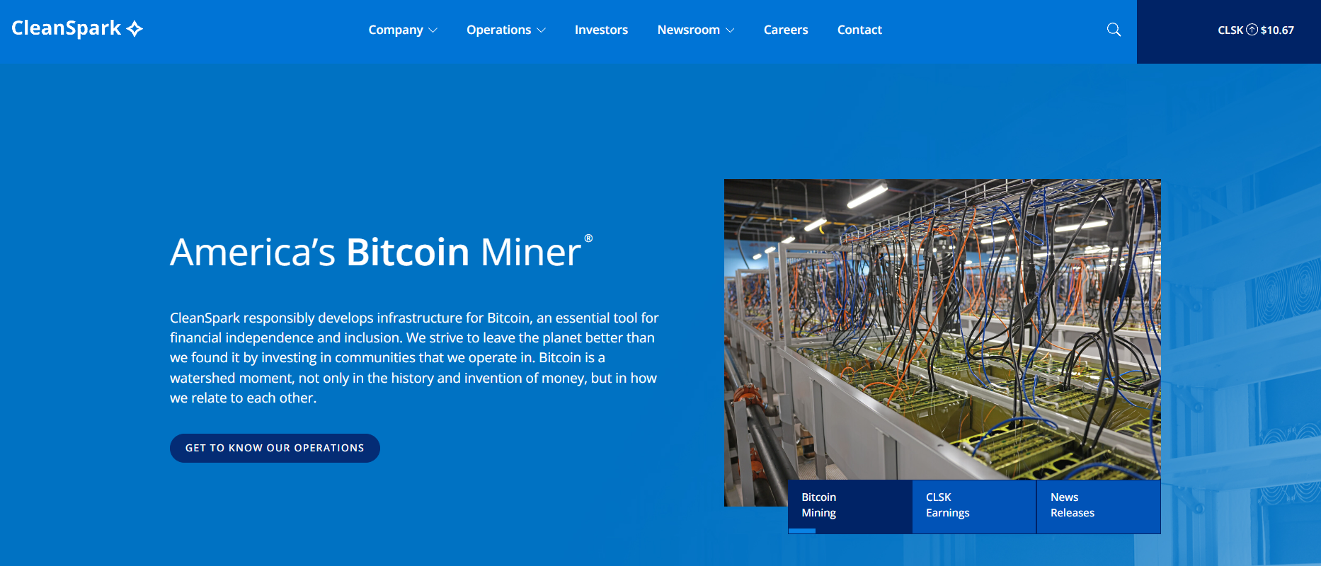 Cleanspark's website showcasing immersion-cooled Bitcoin miners and large-scale mining operations - Flush