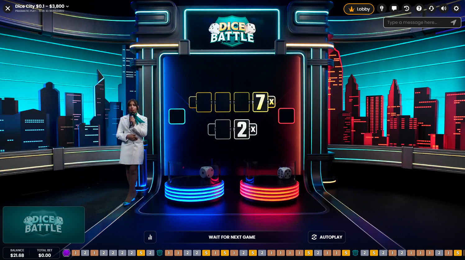 Dice City by Pragmatic Play Live Casino: Dice Battle Bonus in action - Flush