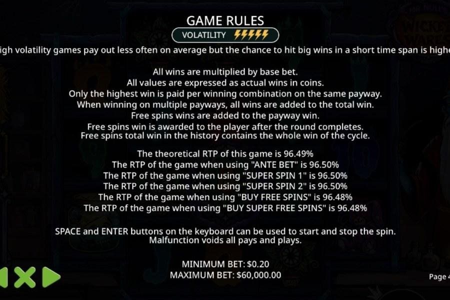 Mr Null's Wicked Wares in-game rules screen confirming 96.49% RTP and feature mechanics at Flush
