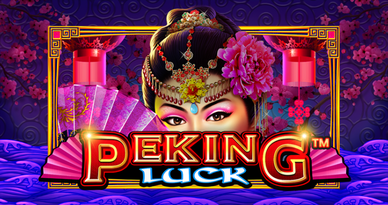 桜を背景に Peking Luck スロットのロゴと京劇の役者キャラクターが描かれた中国テーマの画像 - Pragmatic Play - Flush
