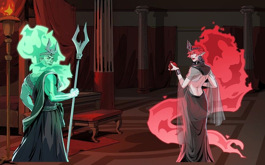Dynasty of Death bonus mode environment with Hades and Perse character duelists positioned against the red interior palette used during the Hidden Epic Bonus tier