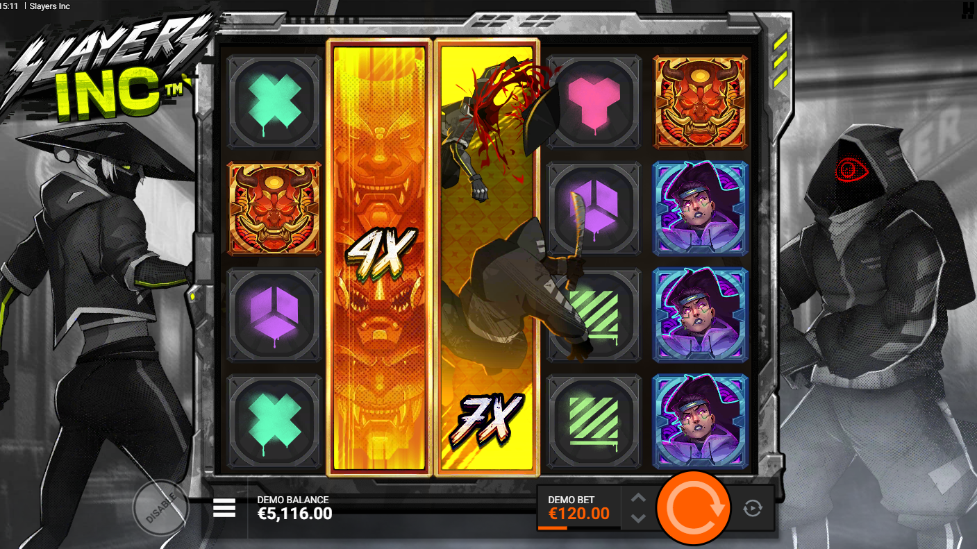 Slayers Inc. slot game by Hacksaw Gaming Duelreels bonus with wild expanding slayers and multiplier showdown - Flush