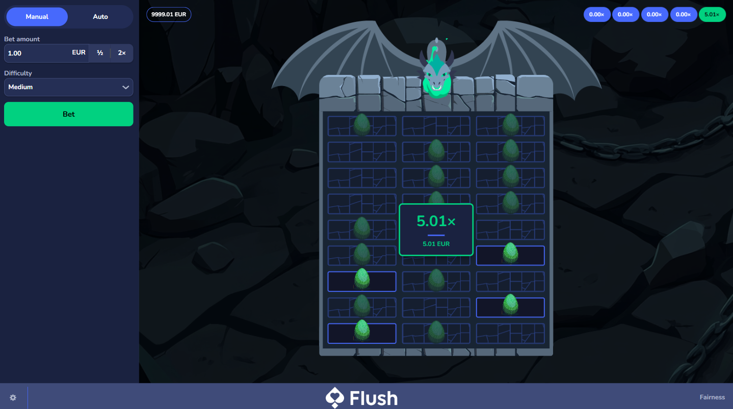 Flush OriginalsのDragon Tower。5倍の倍率が明らかになった勝ちラウンドの画面。