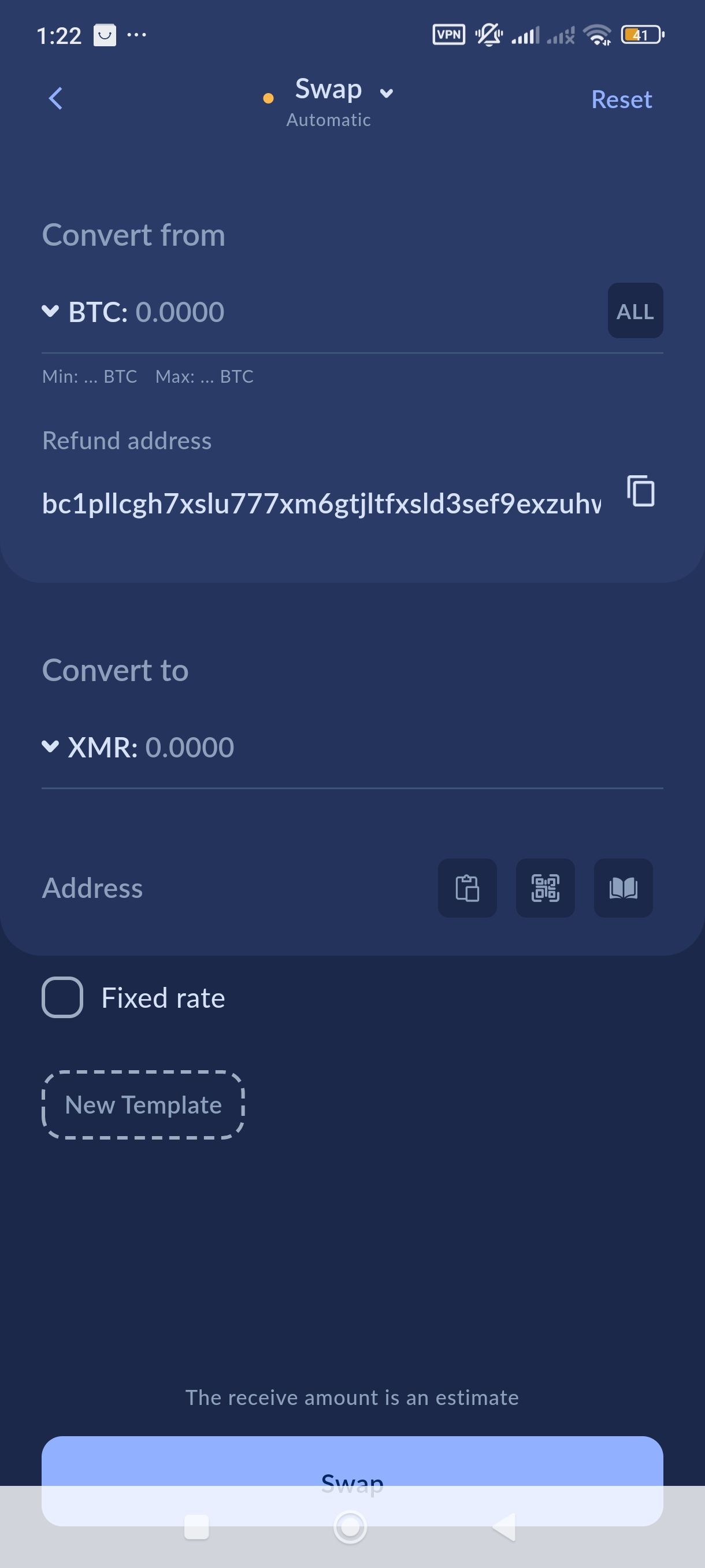 Cake Wallet swap feature, converting BTC to XMR with a refund address option - Flush
