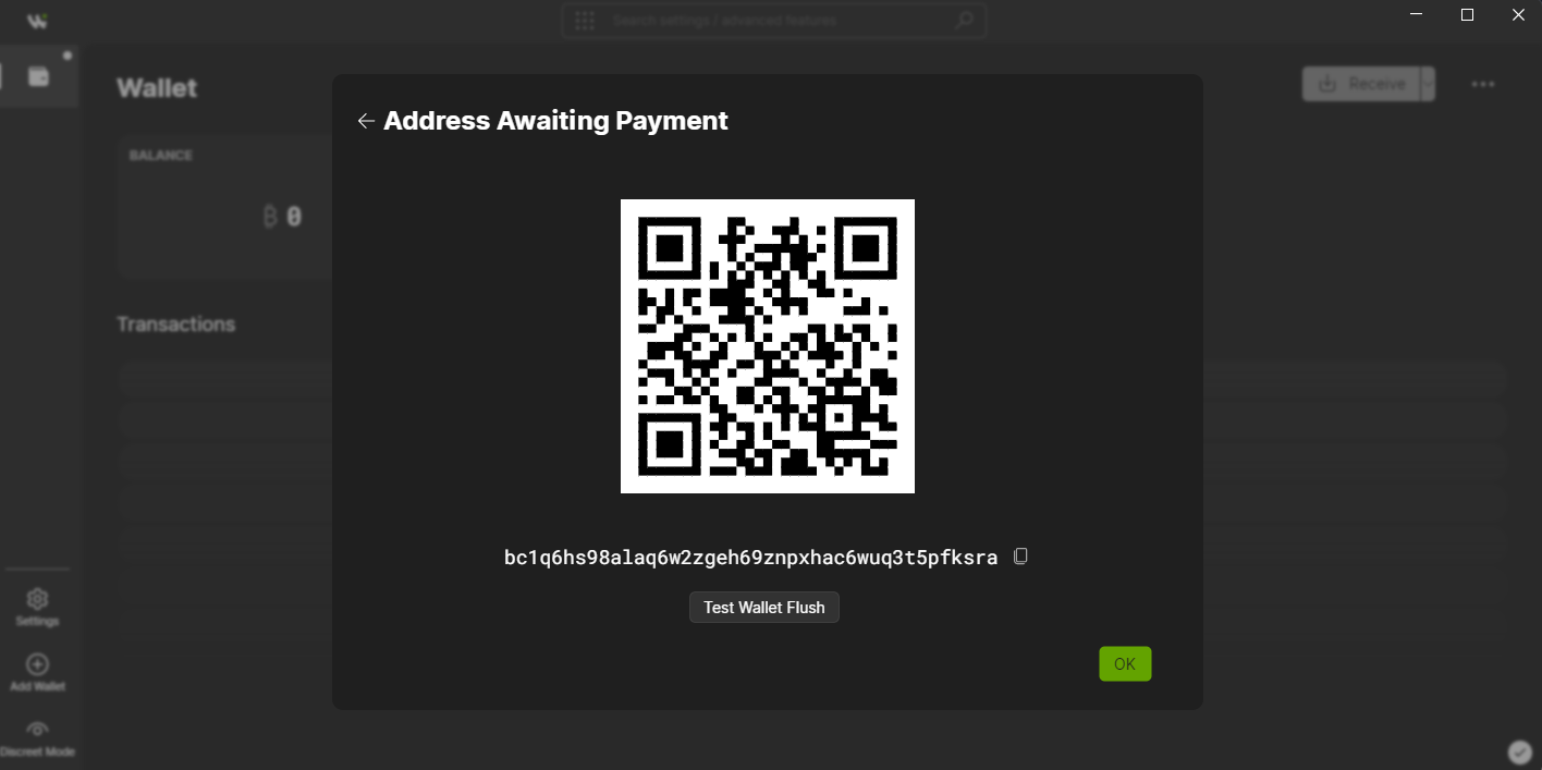 Wasabi Wallet displays a newly created Bitcoin address with QR code and customized label for secure transactions - Flush
