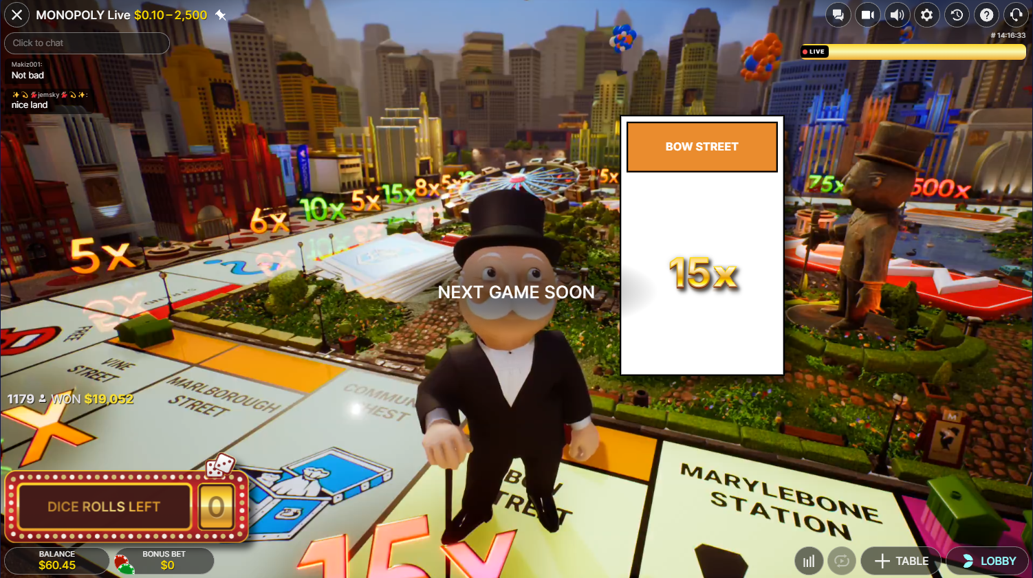 EvolutionのMonopoly Live。バーチャルボード上のMr. Monopolyが15xのマルチプライヤー付きの物件に止まる様子 - Flush