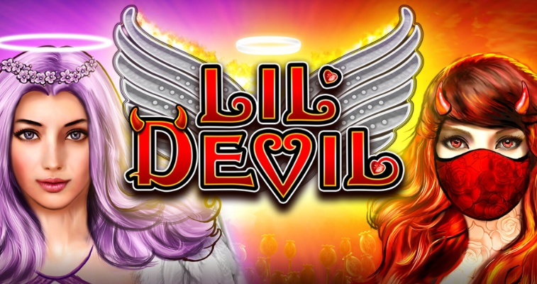 Big Time Gaming の Lil’ Devil オンラインスロット - Flush | グラデーション背景に天使と悪魔のキャラクターとゲームロゴ