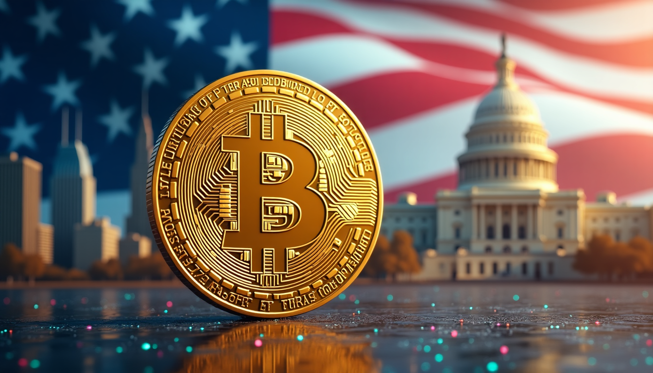 US Capitol with a giant Bitcoin golden coin in the foreground, symbolizing Bitcoin Strategic Reserve - Flush