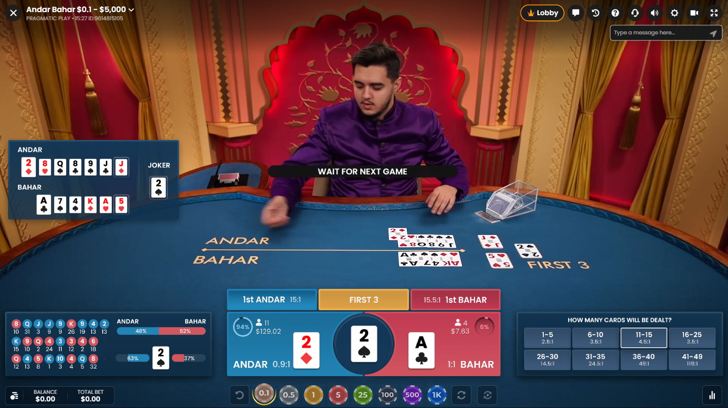 Andarハンドがラウンドに勝利した場面を映したPragmatic PlayのAndar Baharライブカジノゲーム - Flush