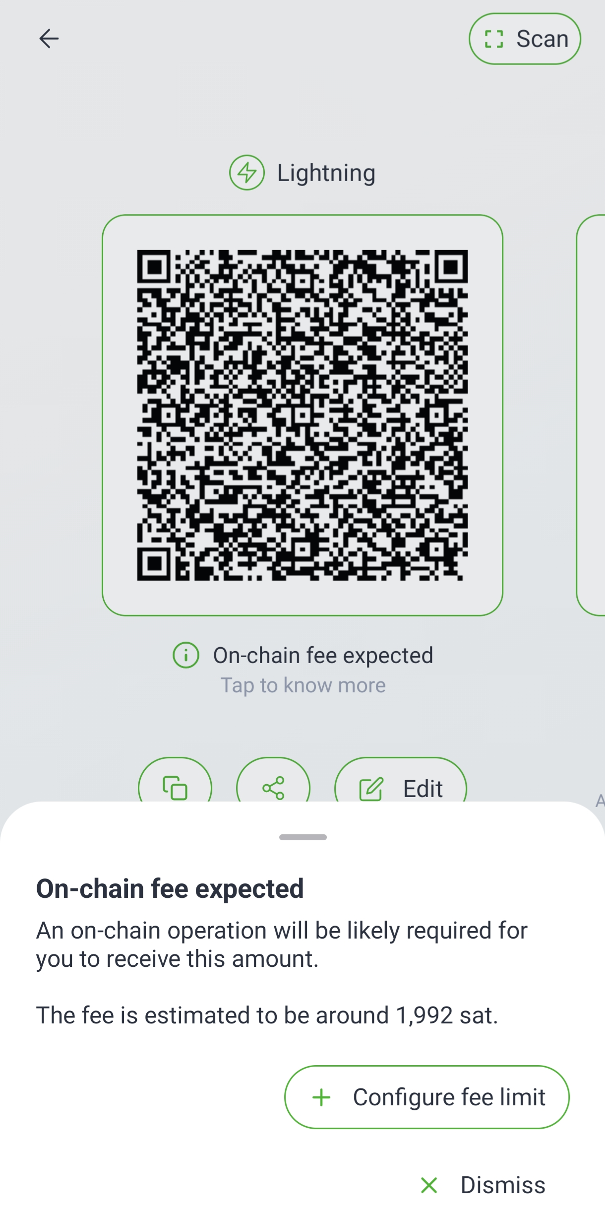 Phoenix Wallet deposit window showing Lightning transaction fees for incoming Bitcoin payments - Flush