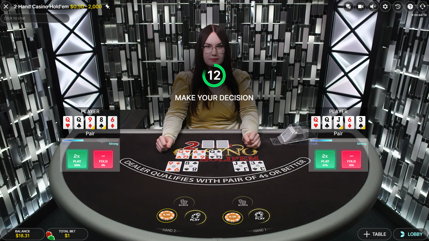 EvolutionのLive 2 Hand Casino Hold'emライブカジノポーカーの判断タイム、2つのハンドとコミュニティカード - Flush