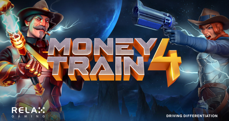 惑星が浮かぶ暗い背景に Relax Gaming の Money Train 4 のロゴと近未来的なスロットマシン - Flush