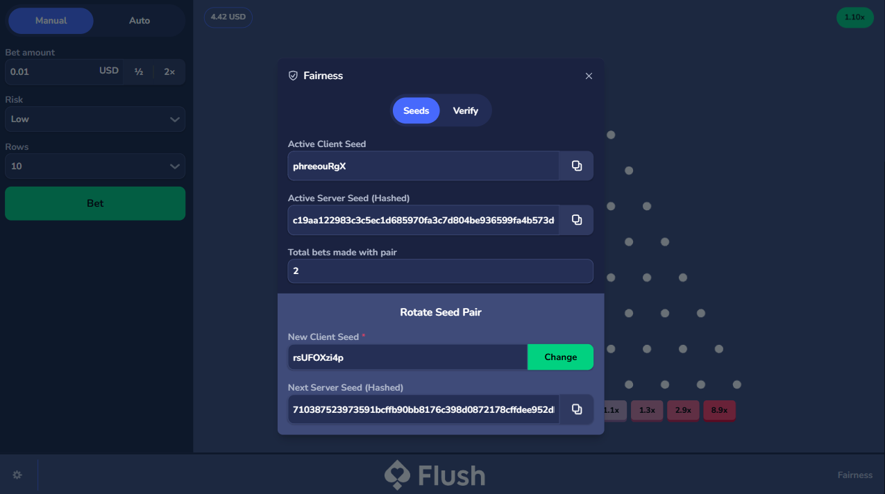 暗号資産Plinkoボールギャンブル、Provably Fairのクライアントシード - Flush Originals