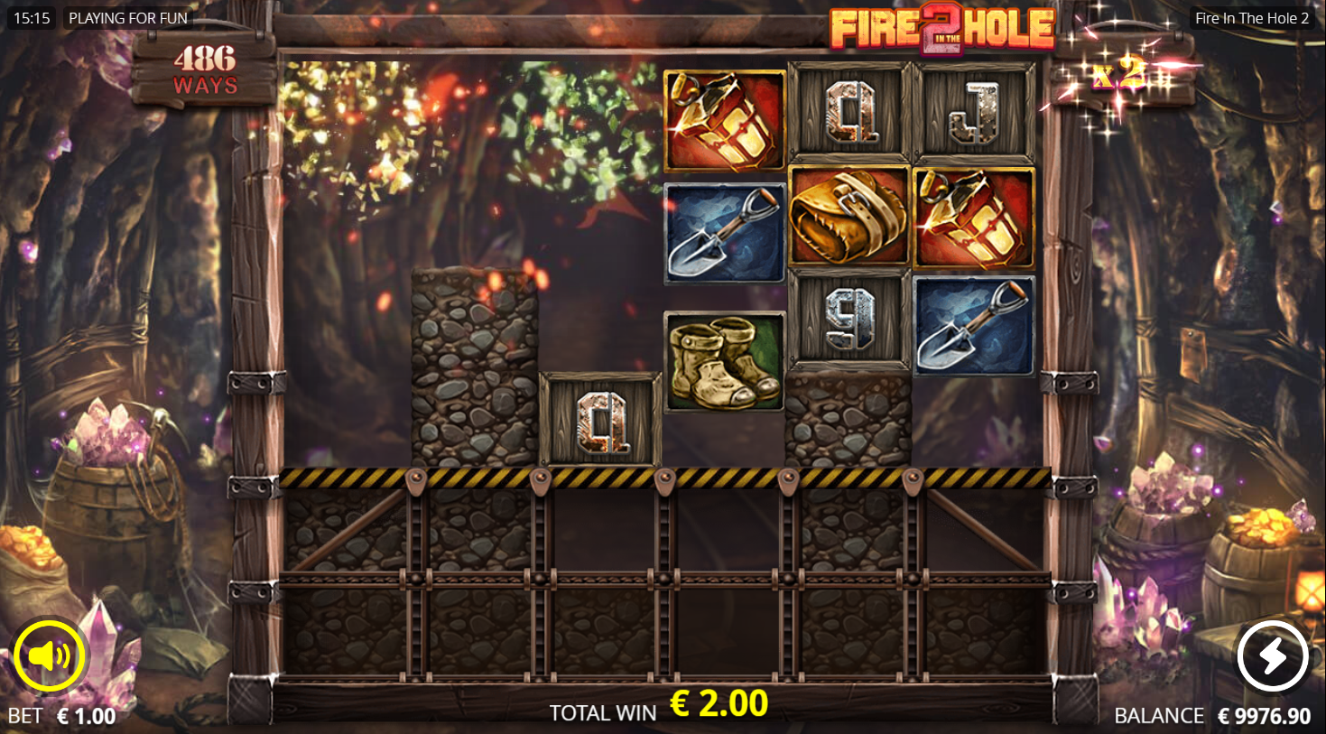 Nolimit CityのオンラインスロットFire in the Hole 2で、Collapsing Mineのカスケードメカニクスが作動している様子 - Flush