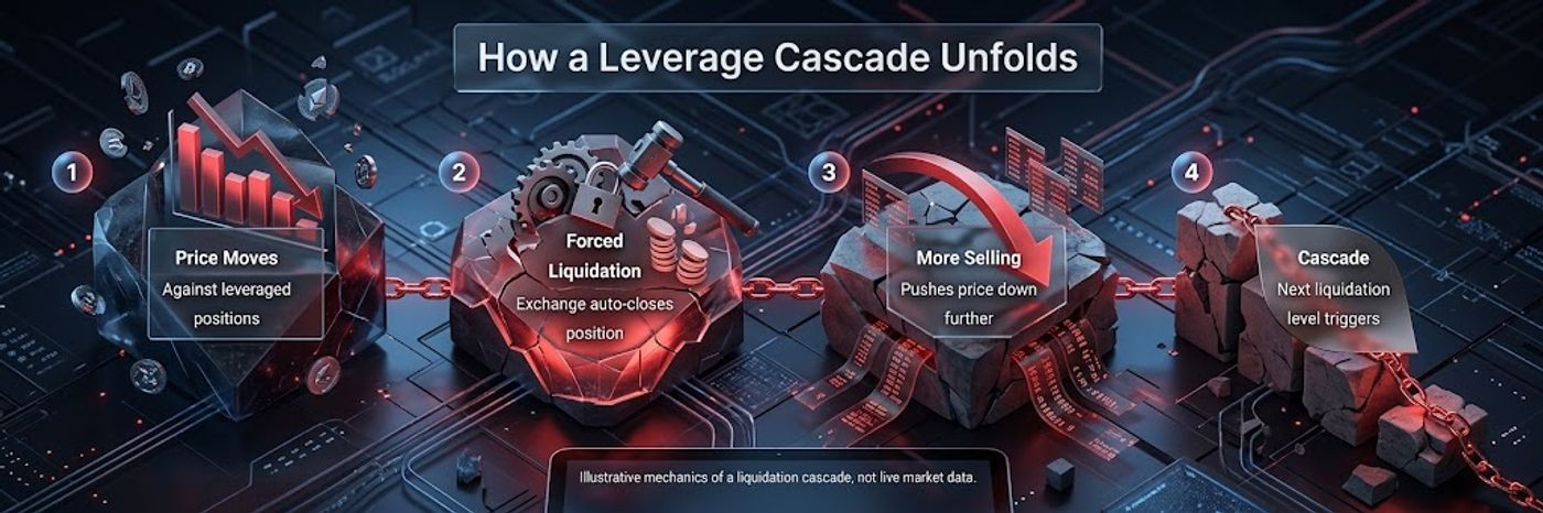  Illustrative mechanics of a liquidation cascade, not live market data.