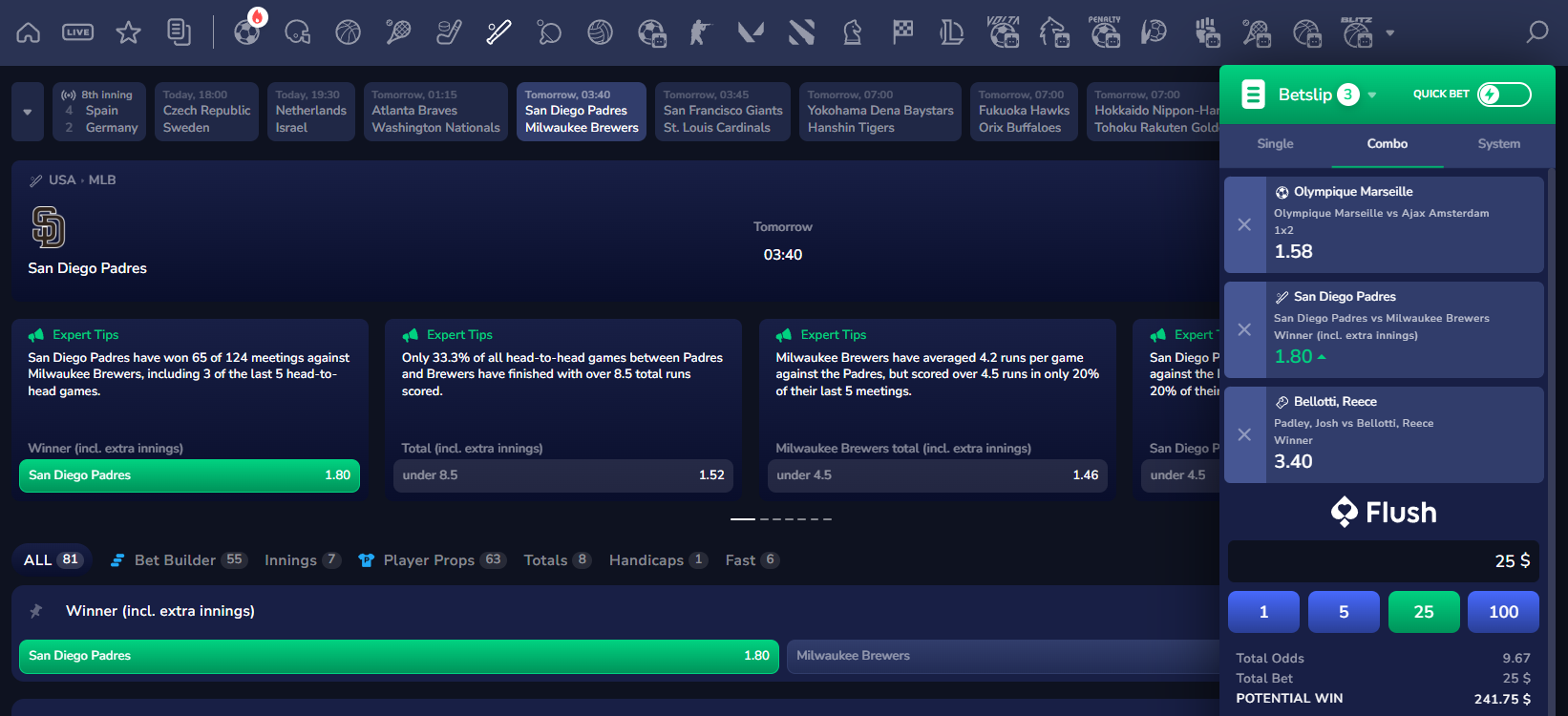 Padres対Brewersの試合のExpert Tipsと、ベットスリップ上のパーレーを表示したFlush Sportsbookの画面