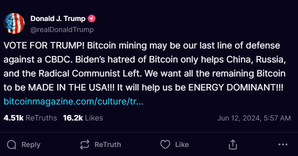 TruthSocial post by Donald Trump, stating his desire for the remaining Bitcoin to be Made in the USA - Flush