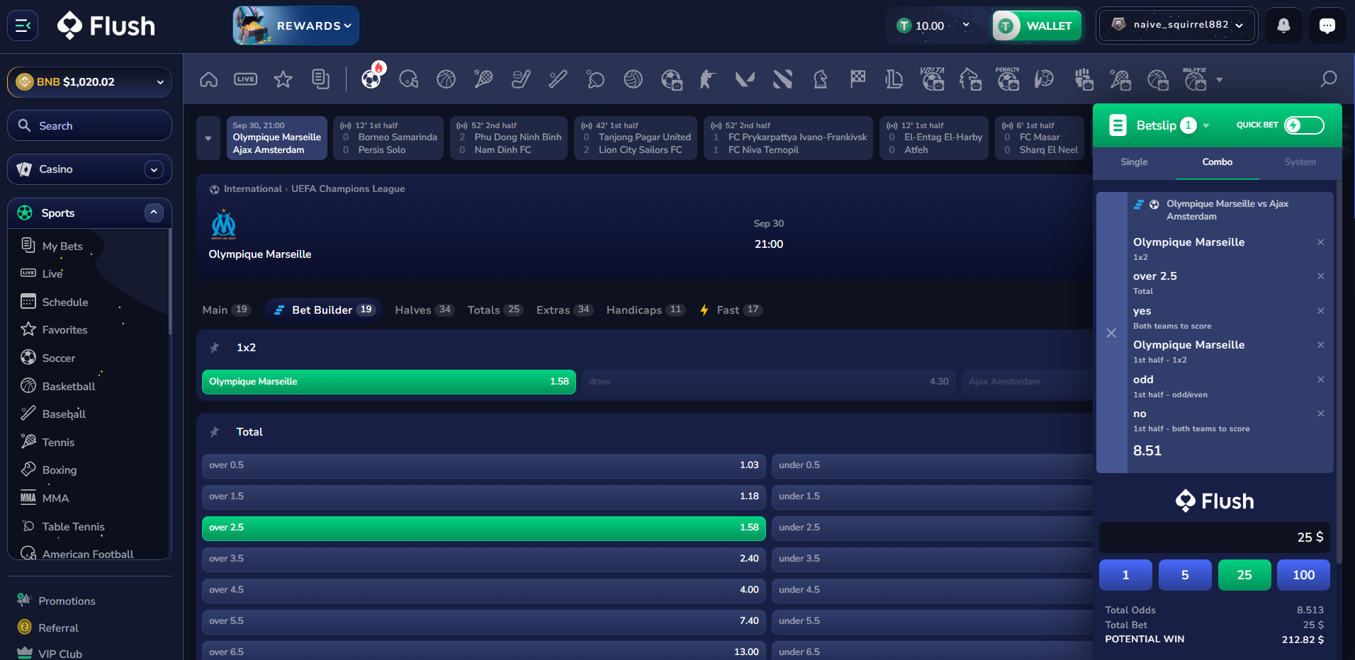 Flush SportsbookのBet Builder機能を使って1試合で作成した複数ベットのパーレー