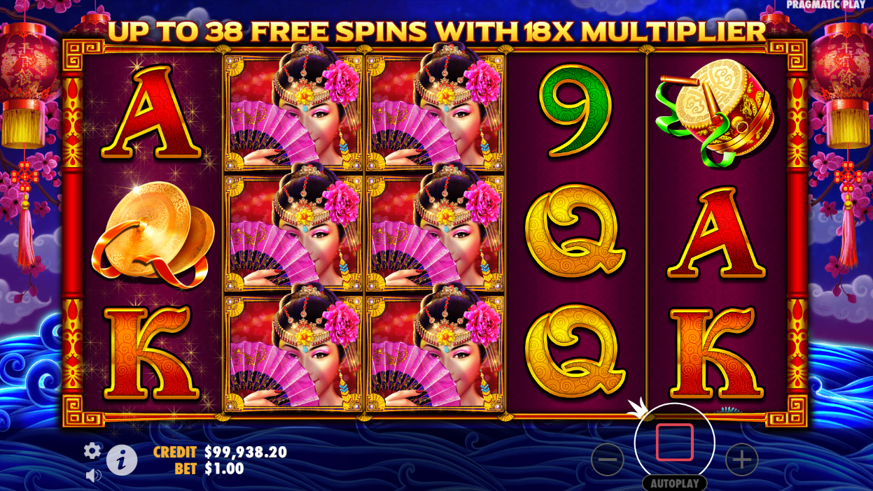 フリースピン中のPeking Luckスロット。リールにカードシンボルと京劇役者のワイルドが並ぶ -Pragmatic Play -Flush