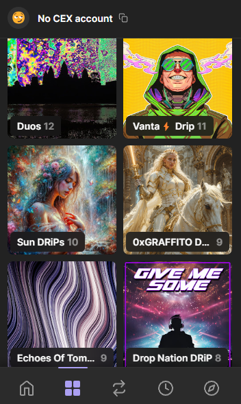 Phantom Wallet NFT gallery displaying a variety of Web 3 art pieces - powered by Drip Nation - Flush