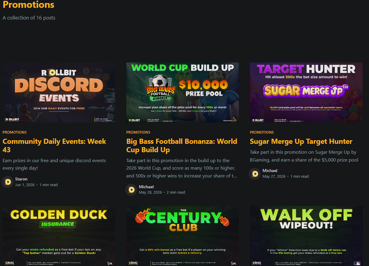 2026년 Rollbit 프로모션 페이지: Discord Events, World Cup Build Up, Target Hunter, Golden Duck