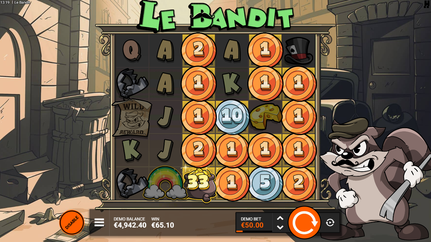 Hacksaw Gaming의 Le Bandit 온라인 슬롯, 큰 당첨을 위한 골든 스퀘어, 코인, 레인보우, 팟 오브 골드 수집 - Flush