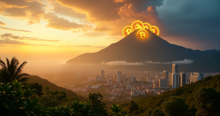Stunning view of El Salvador's volcano covered in Bitcoin symbols, representing Bitcoin Strategic Reserve - Flush