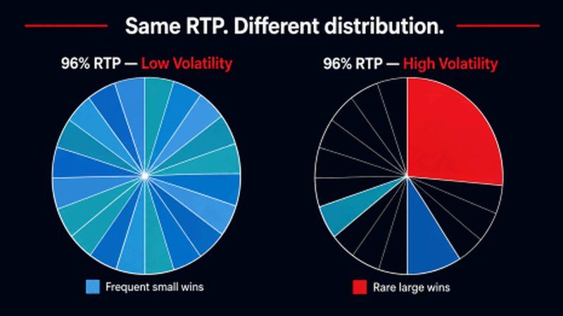 Two pie charts comparing the same 96% RTP distributed across low volatility frequent small wins versus high volatility rare large wins