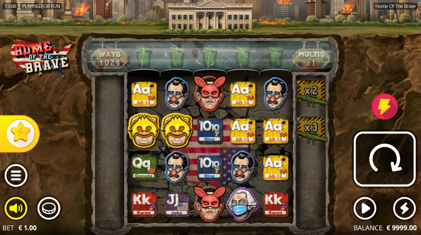 Nolimit CityのHome of the Braveスロットのベースゲーム画面。高配当・低配当シンボルが表示されている - Flush