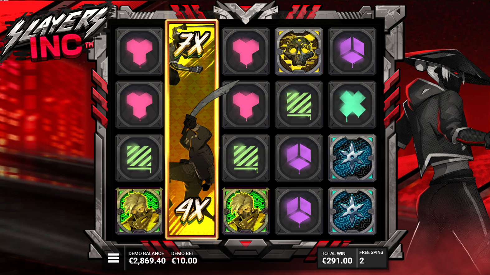 Slayers Inc. slot game by Hacksaw Gaming Wild Slayers free spins mode with expanding Wild and multiplier - Flush