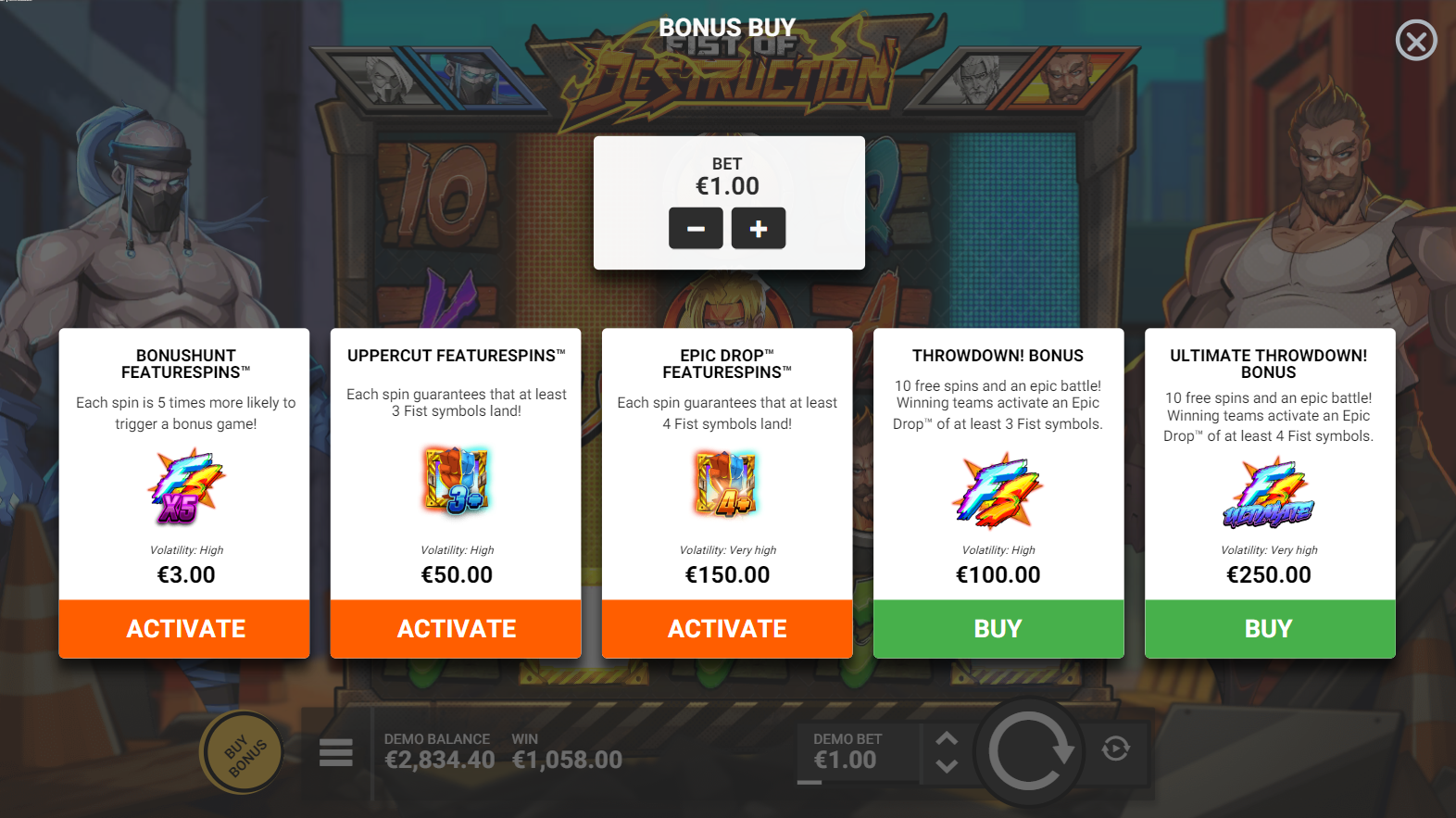 Hacksaw GamingのFists of Destructionのボーナス購入オプション。機能を即座に解放できます - Flush