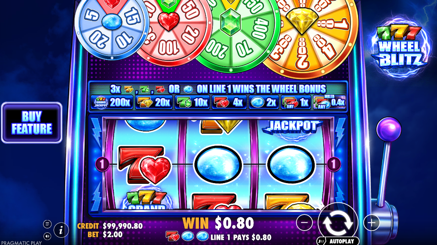 777 Wheel Blitz base game screen showing the four docked Prize Wheels (Opal, Ruby, Emerald, Diamond), the paytable strip, and the Buy Feature button