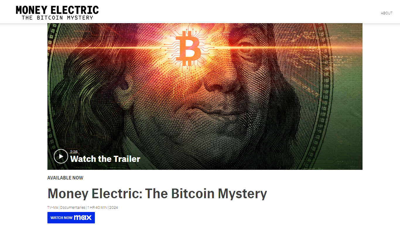 Benjamin Franklin with Bitcoin symbol over right eye, 'Money Electric: The Bitcoin Mystery' on Satoshi Nakamoto - Flush