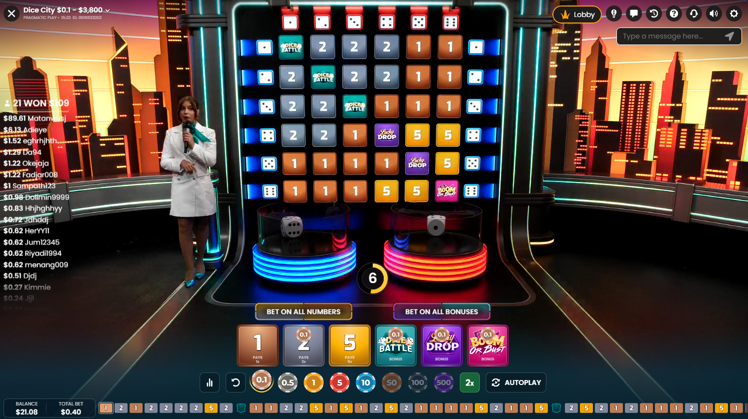 Dice City by Pragmatic Play Live Casino: Live game during the betting phase - Flush