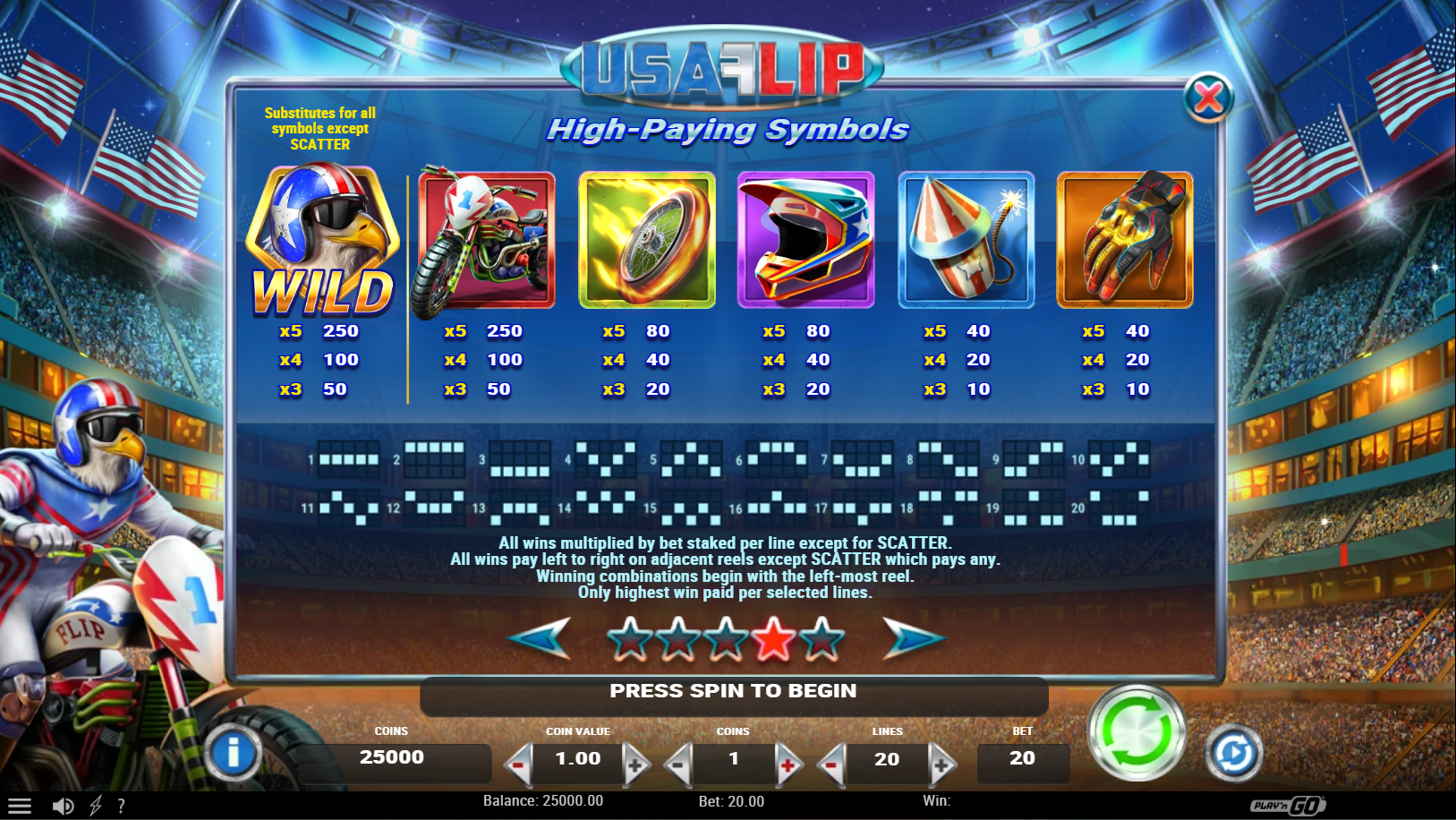 고배당 심볼과 코인 배당을 보여 주는 Play’n GO의 USA Flip 슬롯, Flush